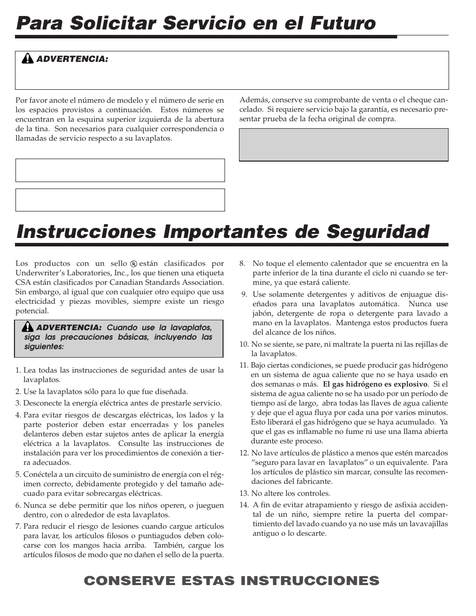 Para solicitar servicio en el futuro, Instrucciones importantes de seguridad, Conserve estas instrucciones | Maytag PDB1100AWE User Manual | Page 20 / 28