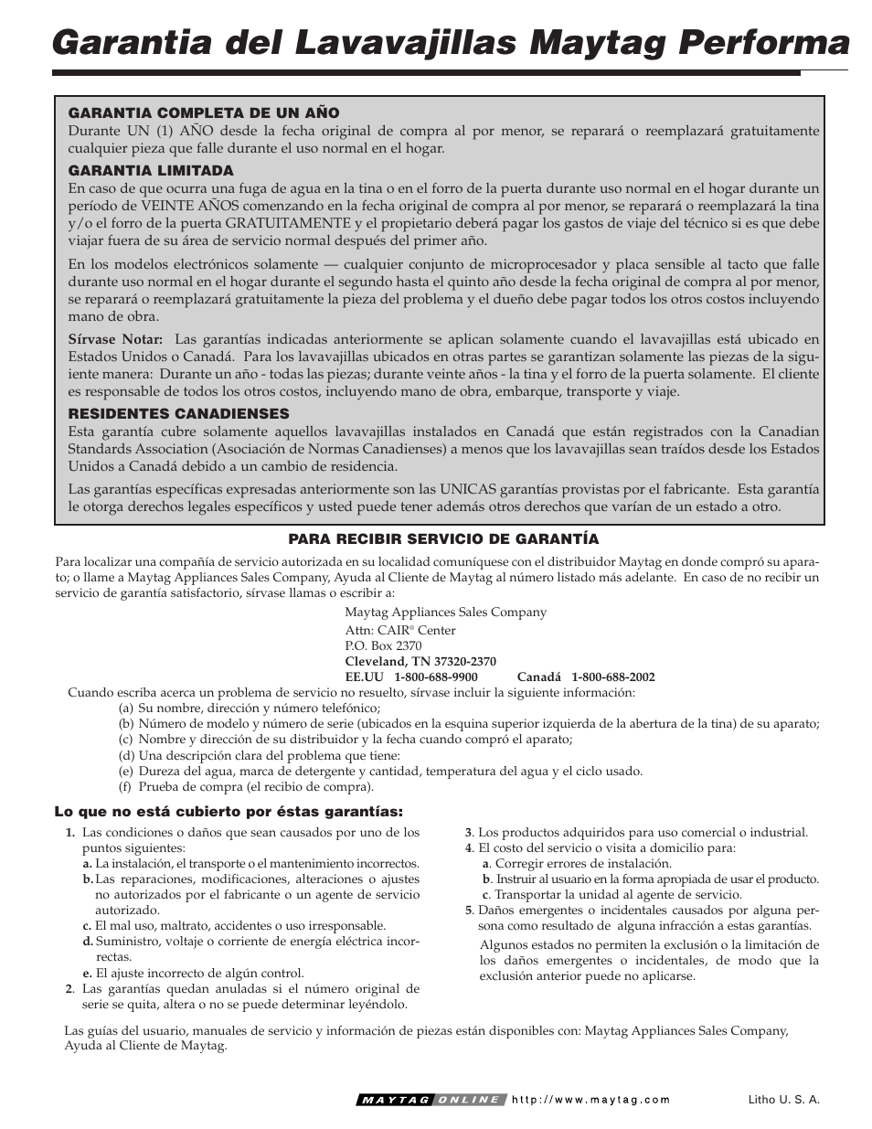 Garantia del lavavajillas maytag performa | Maytag PDB1100AWE User Manual | Page 27 / 28