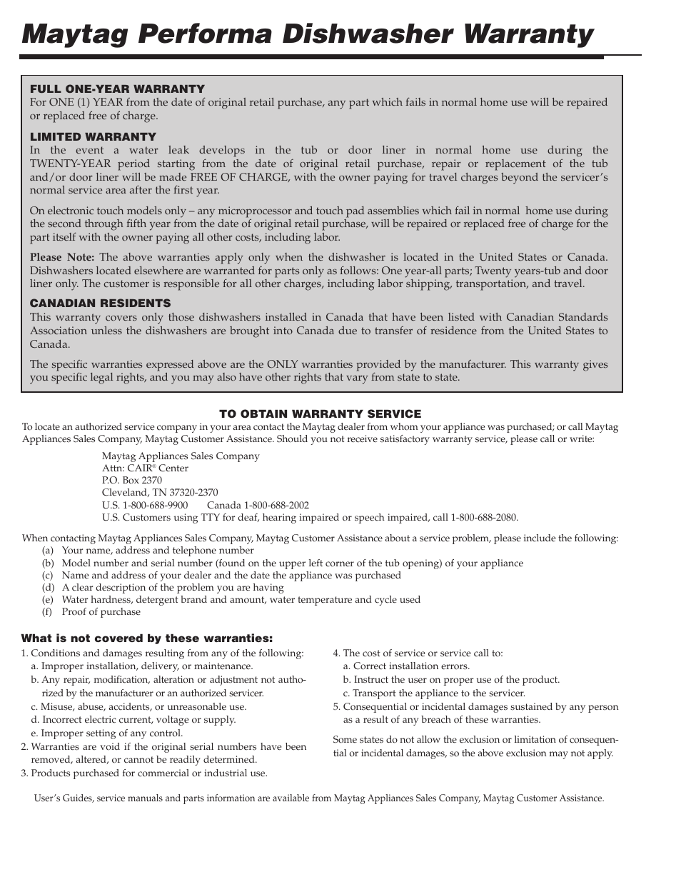 Maytag performa dishwasher warranty | Maytag PDB1100AWE User Manual | Page 9 / 28