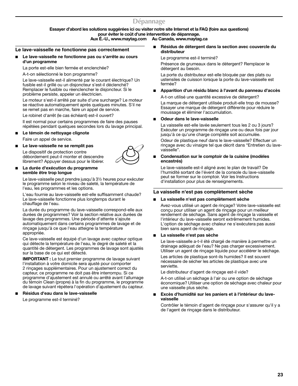 Dépannage | Maytag MDBS469PAS User Manual | Page 23 / 26