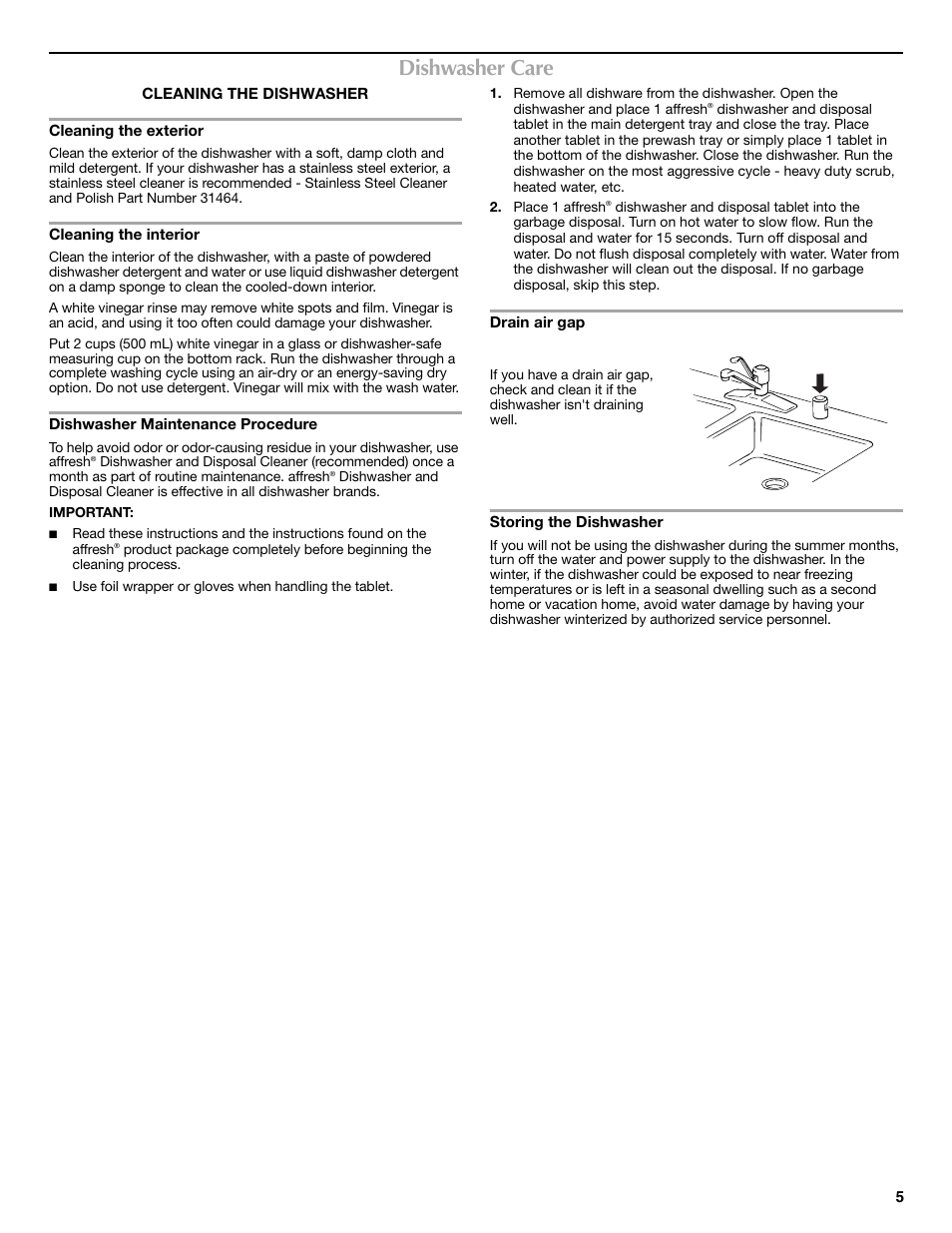 Dishwasher care | Maytag MDBS469PAS User Manual | Page 5 / 26