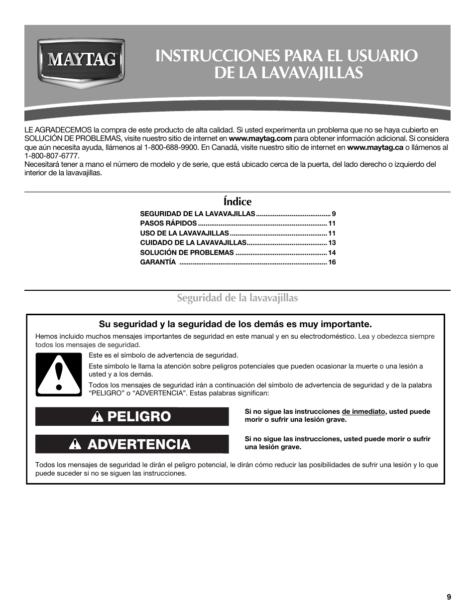 Instrucciones para el usuario de la lavavajillas, Advertencia peligro | Maytag MDBS469PAS User Manual | Page 9 / 26