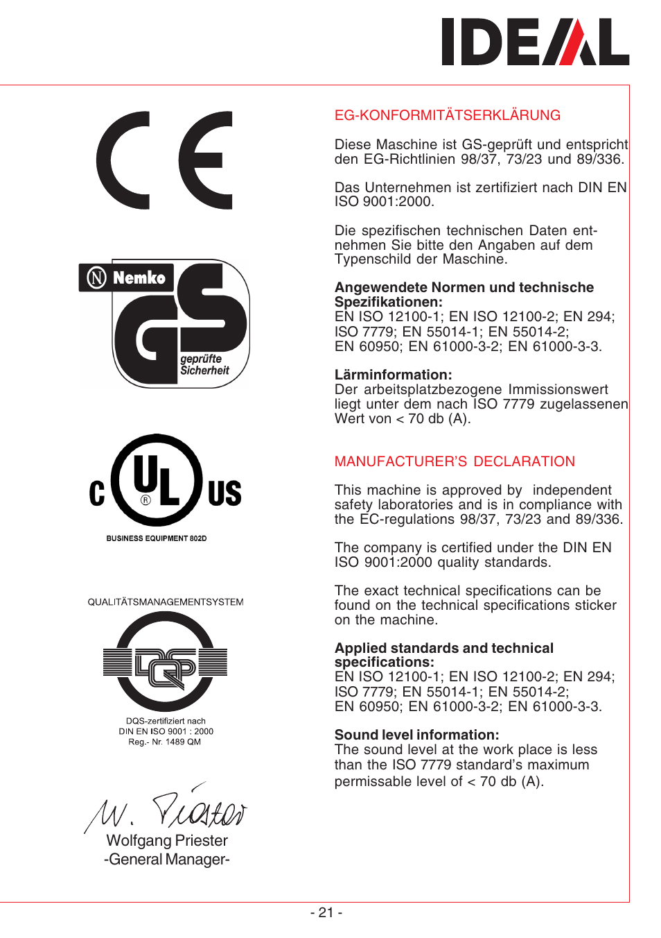MBM Corporation IDEAL 2501 User Manual | Page 21 / 24