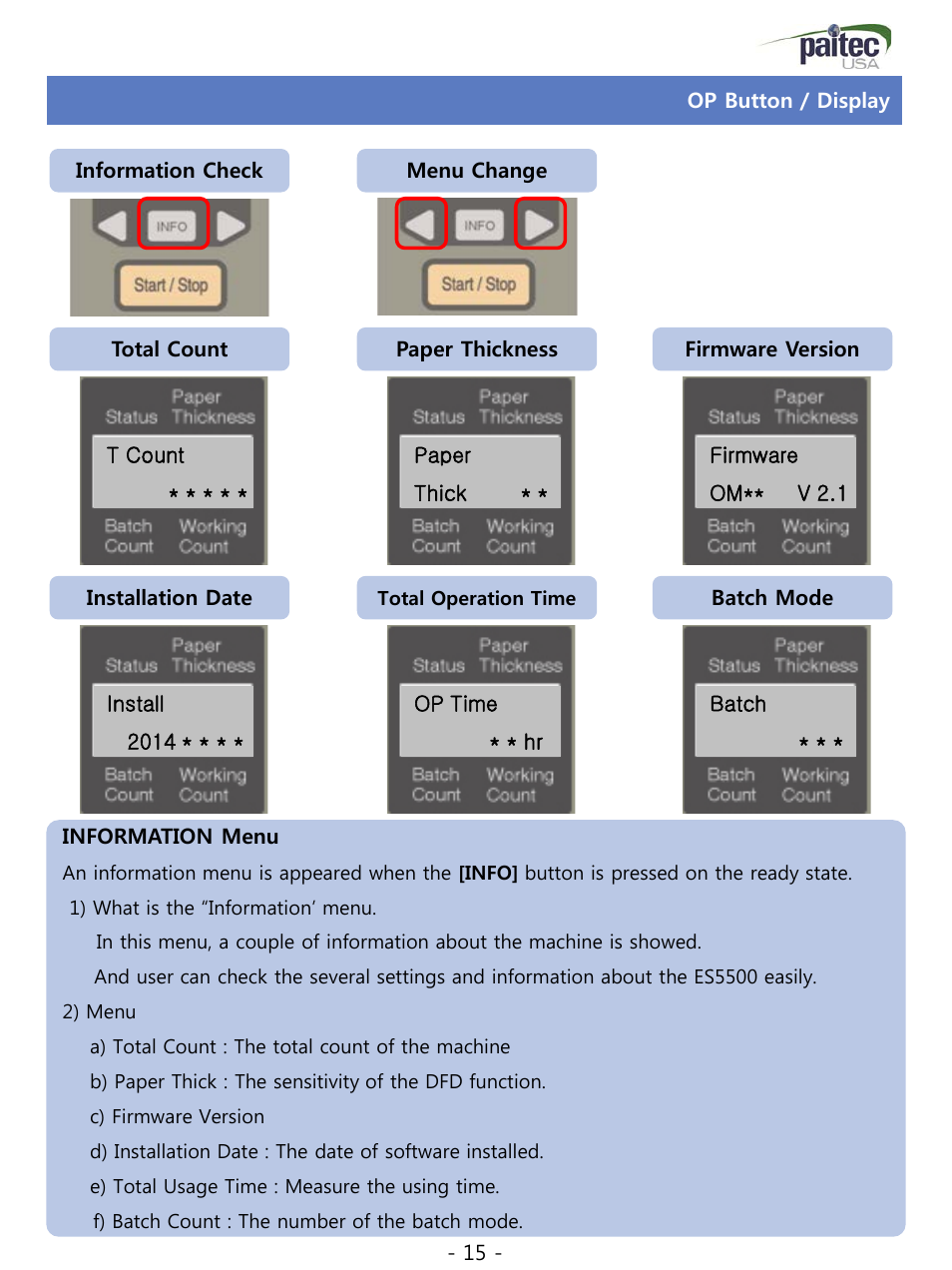 Op button / display | MBM Corporation ES 5500 User Manual | Page 15 / 20