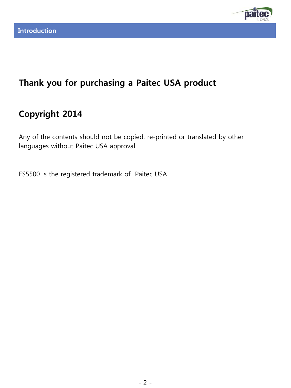 Introduction, Copyright 2014 | MBM Corporation ES 5500 User Manual | Page 2 / 20
