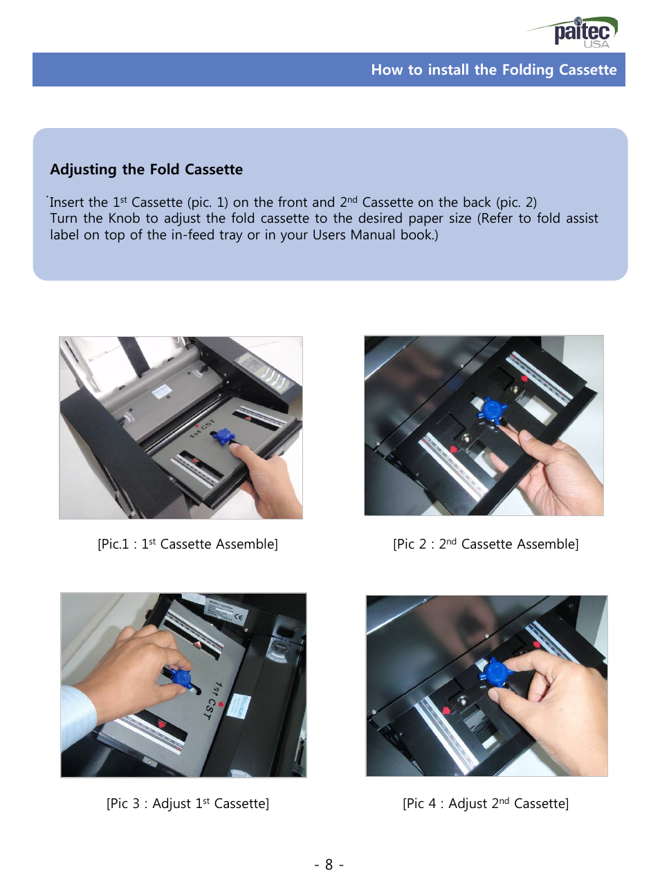 How to install the folding cassette, 8 - how to install the folding cassette, Adjusting the fold cassette | MBM Corporation ES 5500 User Manual | Page 8 / 20