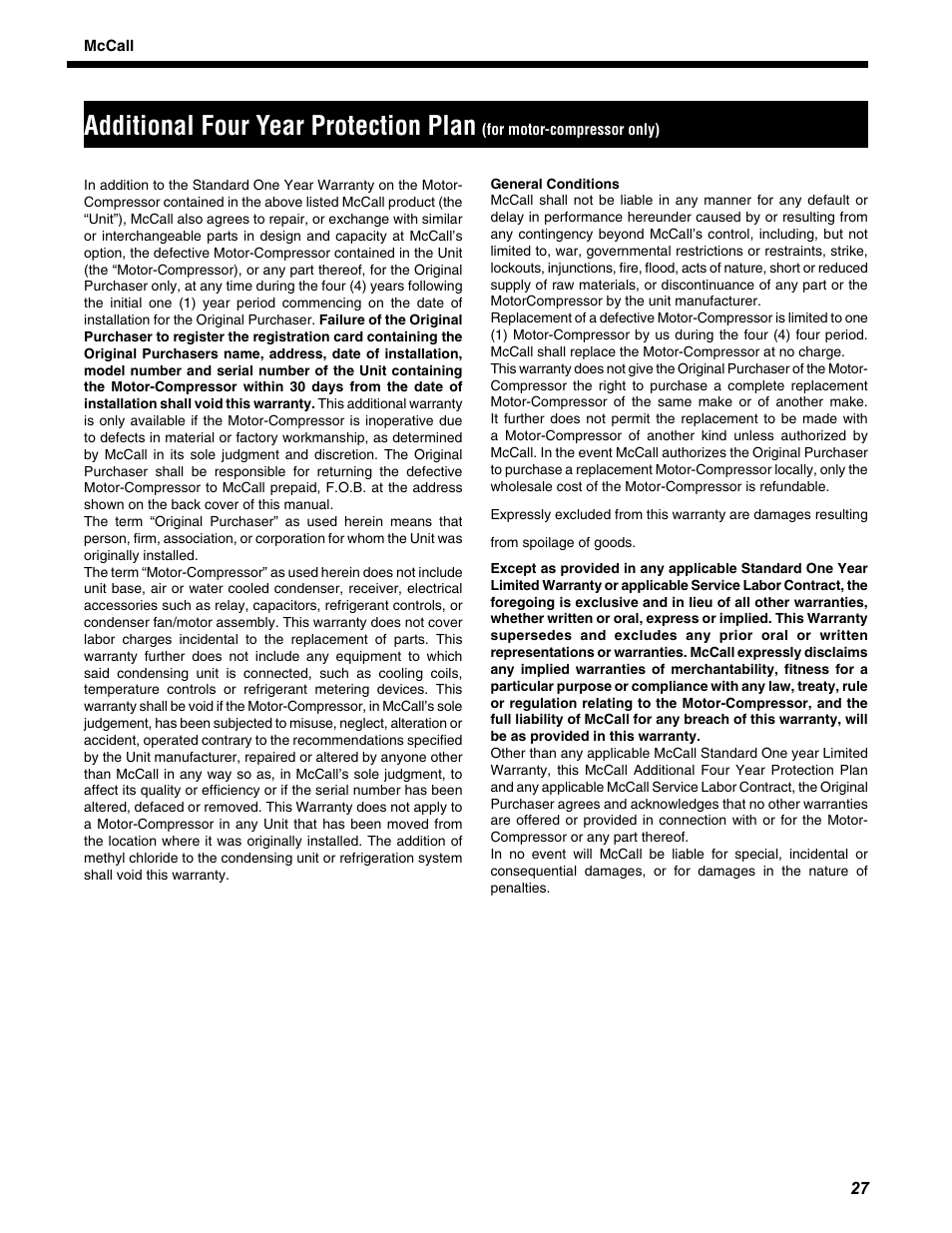 Additional four year protection plan | McCall MCCR1-G User Manual | Page 27 / 28