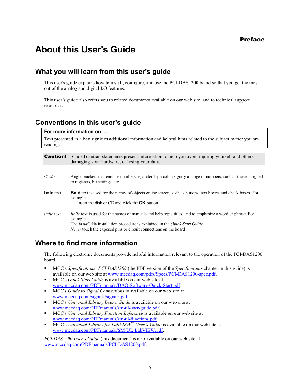 About this user's guide, What you will learn from this user's guide, Conventions in this user's guide | Where to find more information | Measurement Computing PCI-DAS1200 User Manual | Page 6 / 24