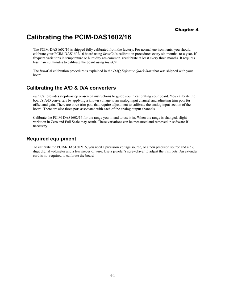 Calibrating the pcim-das1602/16, Calibrating the a/d & d/a converters, Required equipment | Calibrating the pcim-das1602/16 -1, Calibrating the a/d & d/a converters -1, Required equipment -1 | Measurement Computing PCIM-DAS1602/16 User Manual | Page 20 / 29