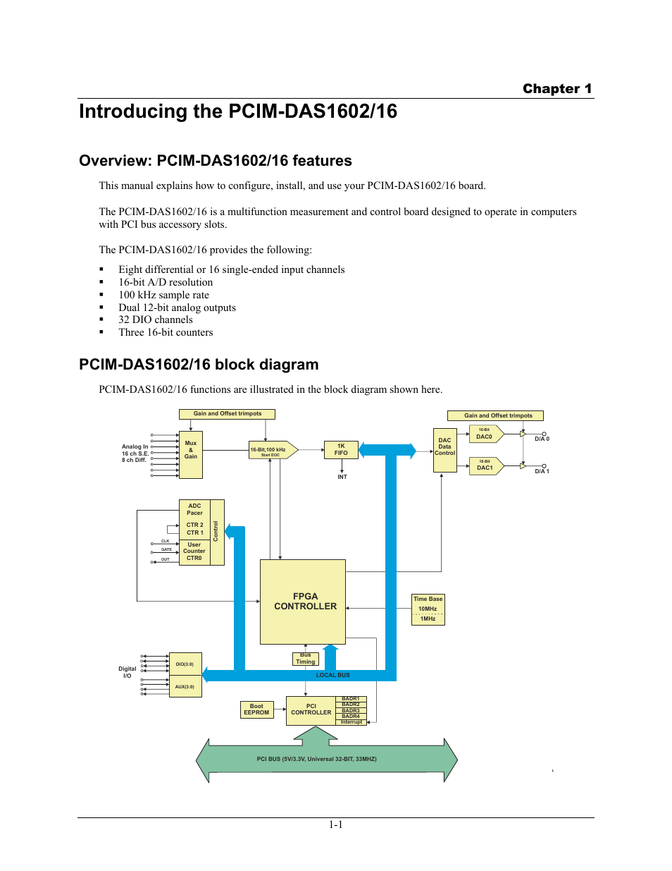 Introducing the pcim-das1602/16, Overview: pcim-das1602/16 features, Pcim-das1602/16 block diagram | Introducing the pcim-das1602/16 -1, Overview: pcim-das1602/16 features -1, Pcim-das1602/16 block diagram -1, Chapter 1 | Measurement Computing PCIM-DAS1602/16 User Manual | Page 8 / 29
