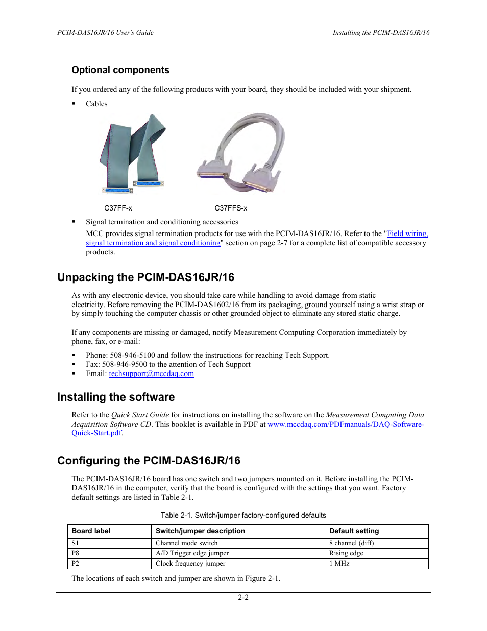 Optional components, Unpacking the pcim-das16jr/16, Installing the software | Configuring the pcim-das16jr/16, Optional components -2, Unpacking the pcim-das16jr/16 -2, Installing the software -2, Default hardware configuration -2 | Measurement Computing PCIM-DAS16JR/16 User Manual | Page 10 / 27
