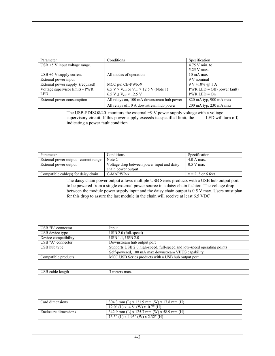 Power, Usb specifications, Mechanical | Power -2, Usb specifications -2, Mechanical -2, External power output | Measurement Computing USB-PDISO8/40 User Manual | Page 18 / 20