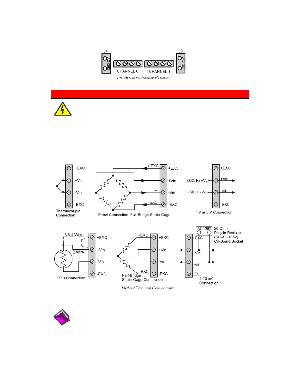 Terminal block connection warning, P1 connection | Measurement Computing DBK44 User Manual | Page 4 / 8