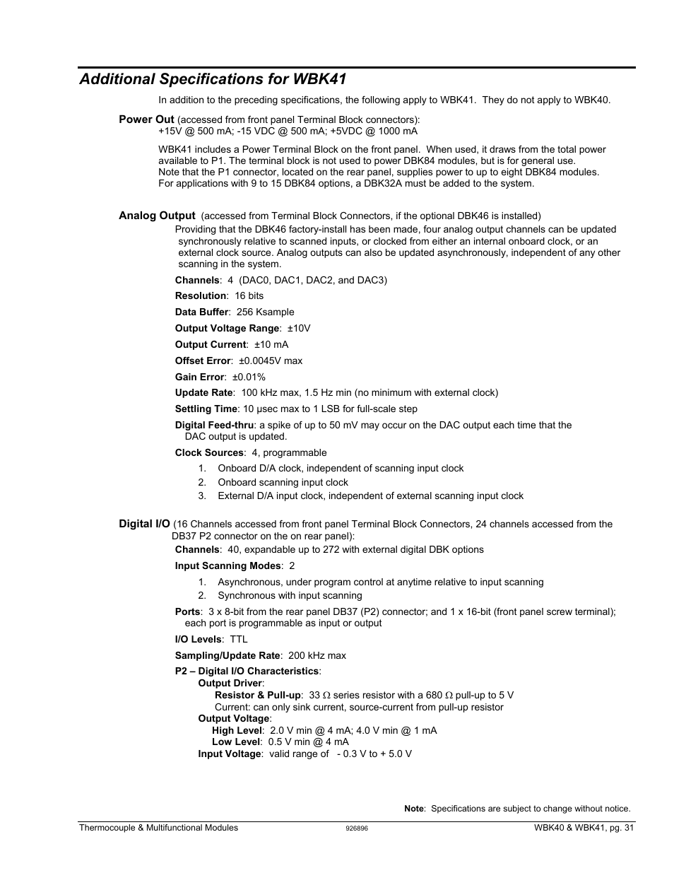 Additional specifications for wbk41 | Measurement Computing WBK Options User Manual | Page 200 / 216