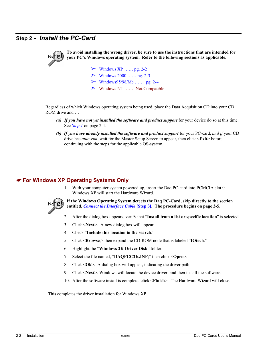 Step 2 - install the pc-card, For windows xp operating systems only, Install the pc-card | Measurement Computing Daq PC-Cards User Manual | Page 12 / 28