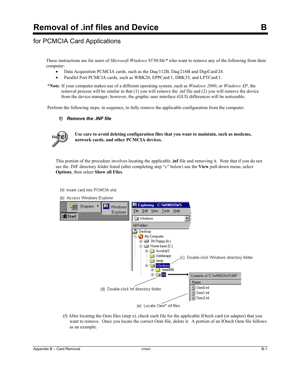 Appendix b - removal of .inf files and device, Appendix b, Removal of .inf files and device b | For pcmcia card applications | Measurement Computing Daq PC-Cards User Manual | Page 23 / 28
