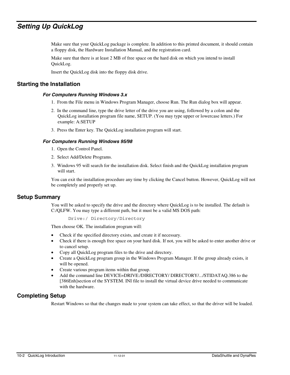 Setting up quicklog, Starting the installation, For computers running windows 3.x | For computers running windows 95/98, Setup summary, Completing setup | Measurement Computing DataShuttle User Manual | Page 90 / 126