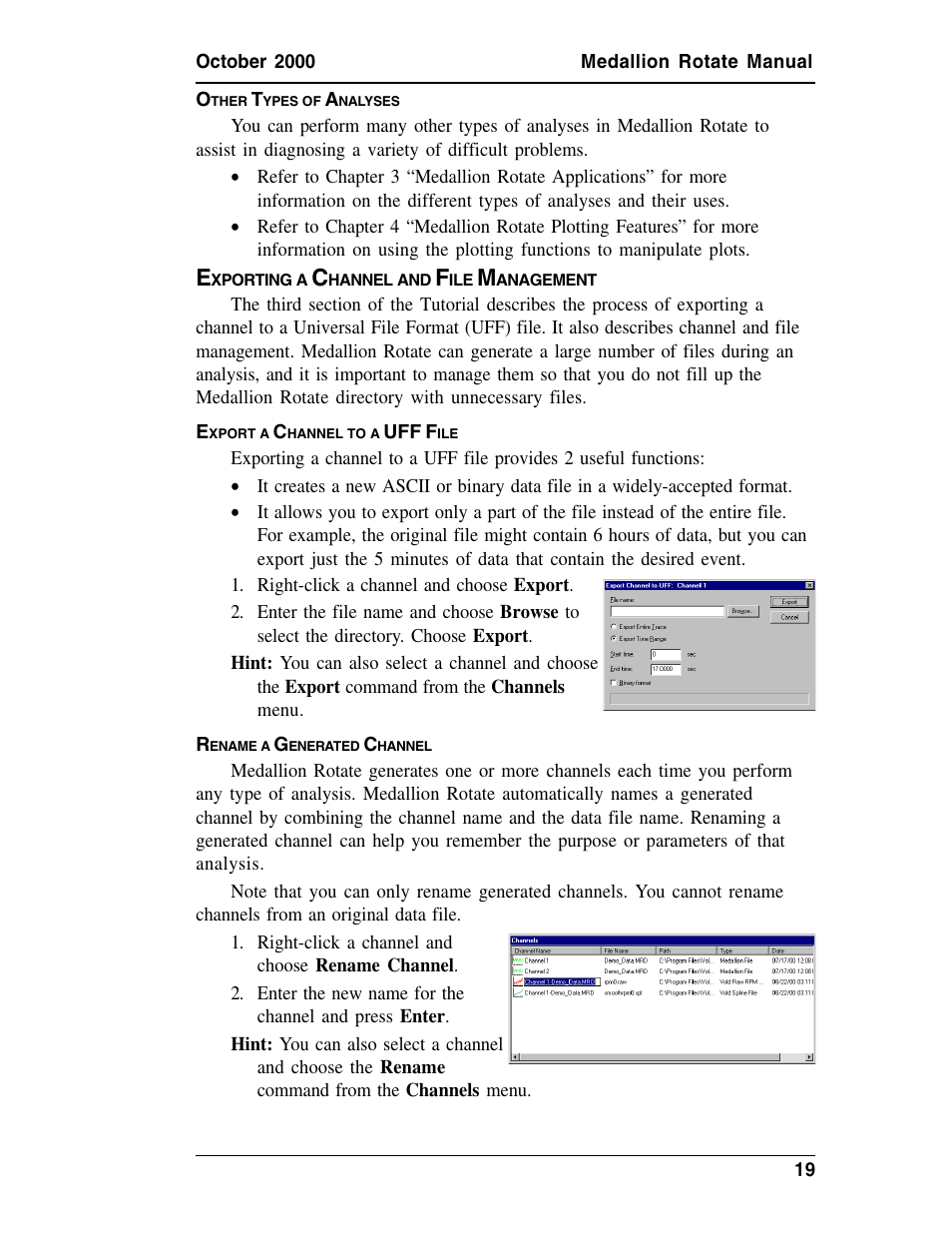 Other types of analysis, Exporting a channel and file management, Export a channel to a uff file | Rename a generated channel, Xporting, Hannel, Anagement | Measurement Computing Medallion Rotate rev.2.3 User Manual | Page 19 / 52