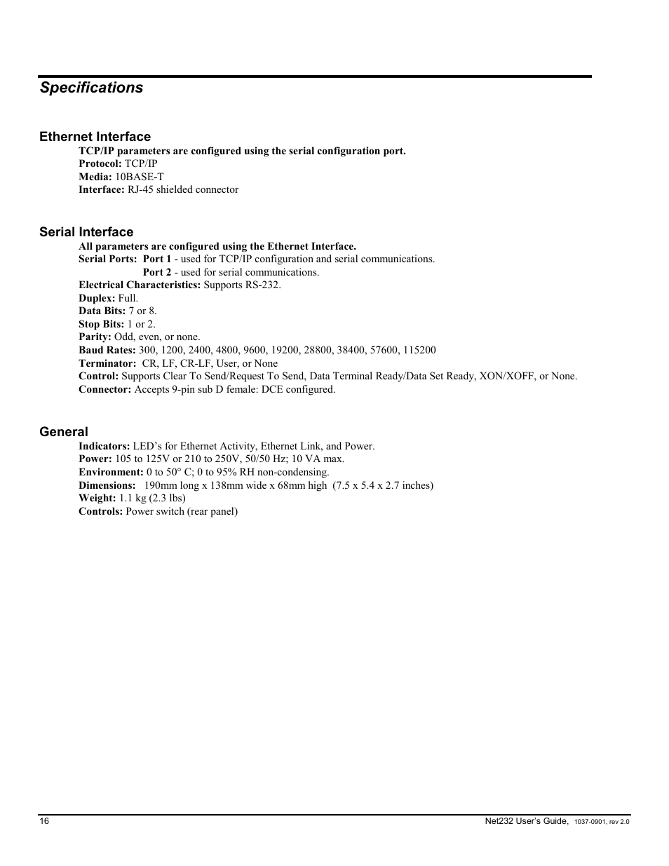 Specifications, Ethernet interface, Serial interface | General | Measurement Computing Net232 User Manual | Page 16 / 16