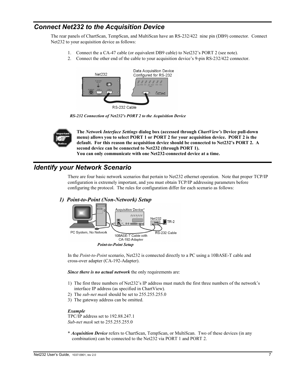 Connect net232 to the acquisition device, Identify your network scenario, 1) point-to-point (non-network) setup | Device ……7, Ork) setup…… 7 | Measurement Computing Net232 User Manual | Page 7 / 16