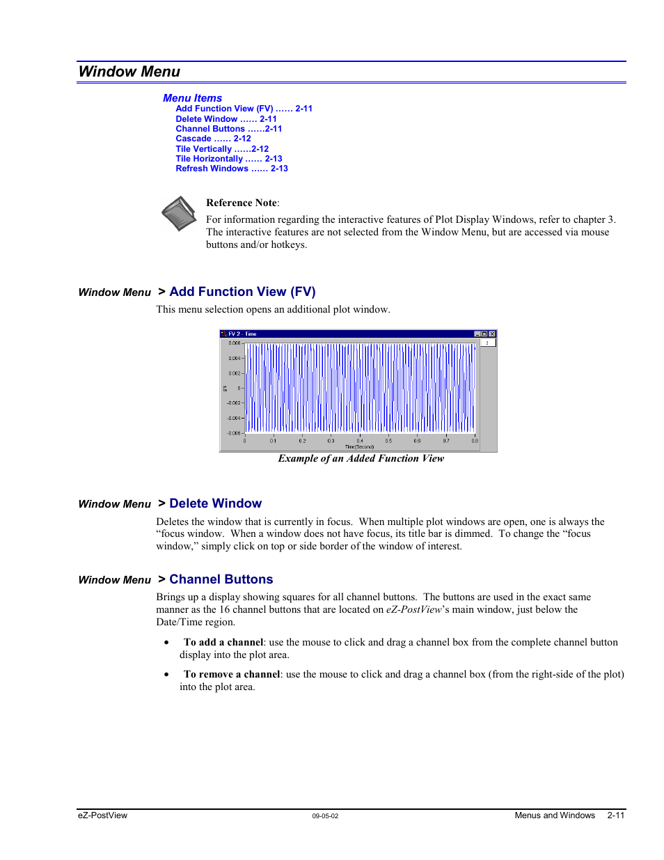 Window menu, Window menu > add function view (fv), Window menu > delete window | Window menu > channel buttons, Window menu …… 2-11 | Measurement Computing eZ-PostView rev.2.0 User Manual | Page 22 / 144