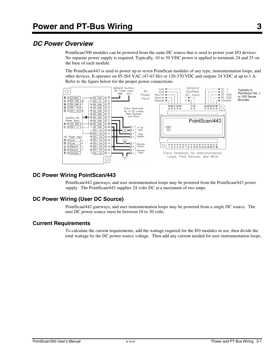 Ch 3 - power and pt-bus wiring, Dc power overview, Dc power wiring pointscan/443 | Dc power wiring (user dc source), Current requirements, 3 - power and pt-bus wiring, Power and pt-bus wiring 3 | Measurement Computing PointScan 300 Series rev.1.0 User Manual | Page 15 / 42