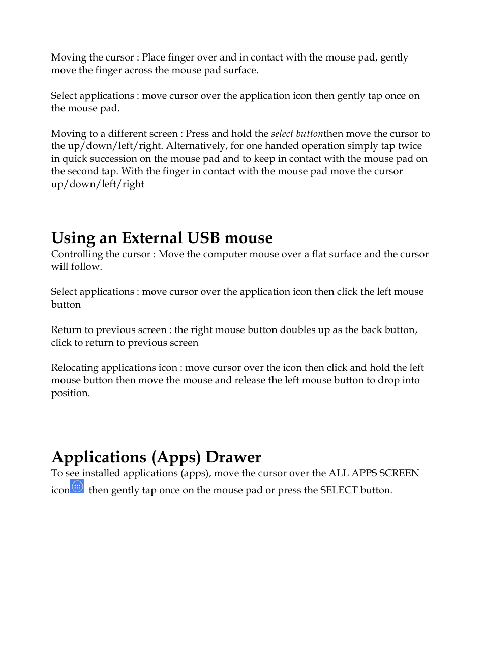 Using an external usb mouse, Applications (apps) drawer | MEGAPOWER ML131 User Manual | Page 10 / 27