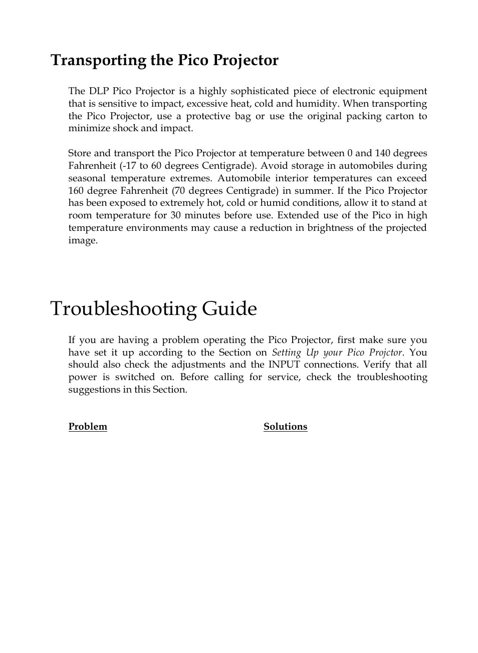 Troubleshooting guide, Transporting the pico projector | MEGAPOWER ML131 User Manual | Page 25 / 27