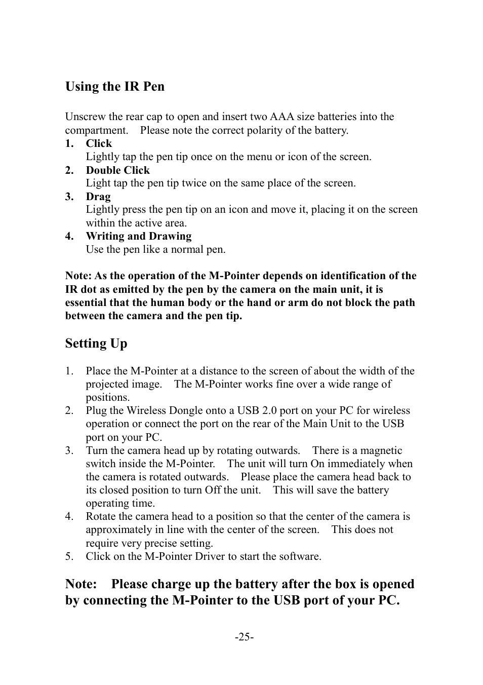 Using the ir pen, Setting up | MEGAPOWER ML11 User Manual | Page 25 / 32