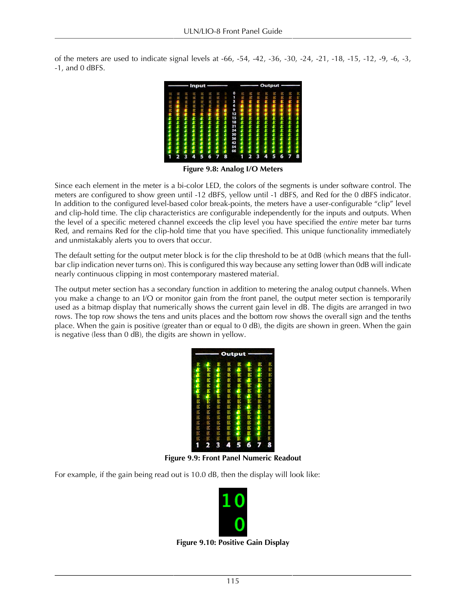 Analog i/o meters, 115 9.9. front panel numeric readout, 115 9.10. positive gain display | Metric Halo Mobile I/O User Manual | Page 115 / 371