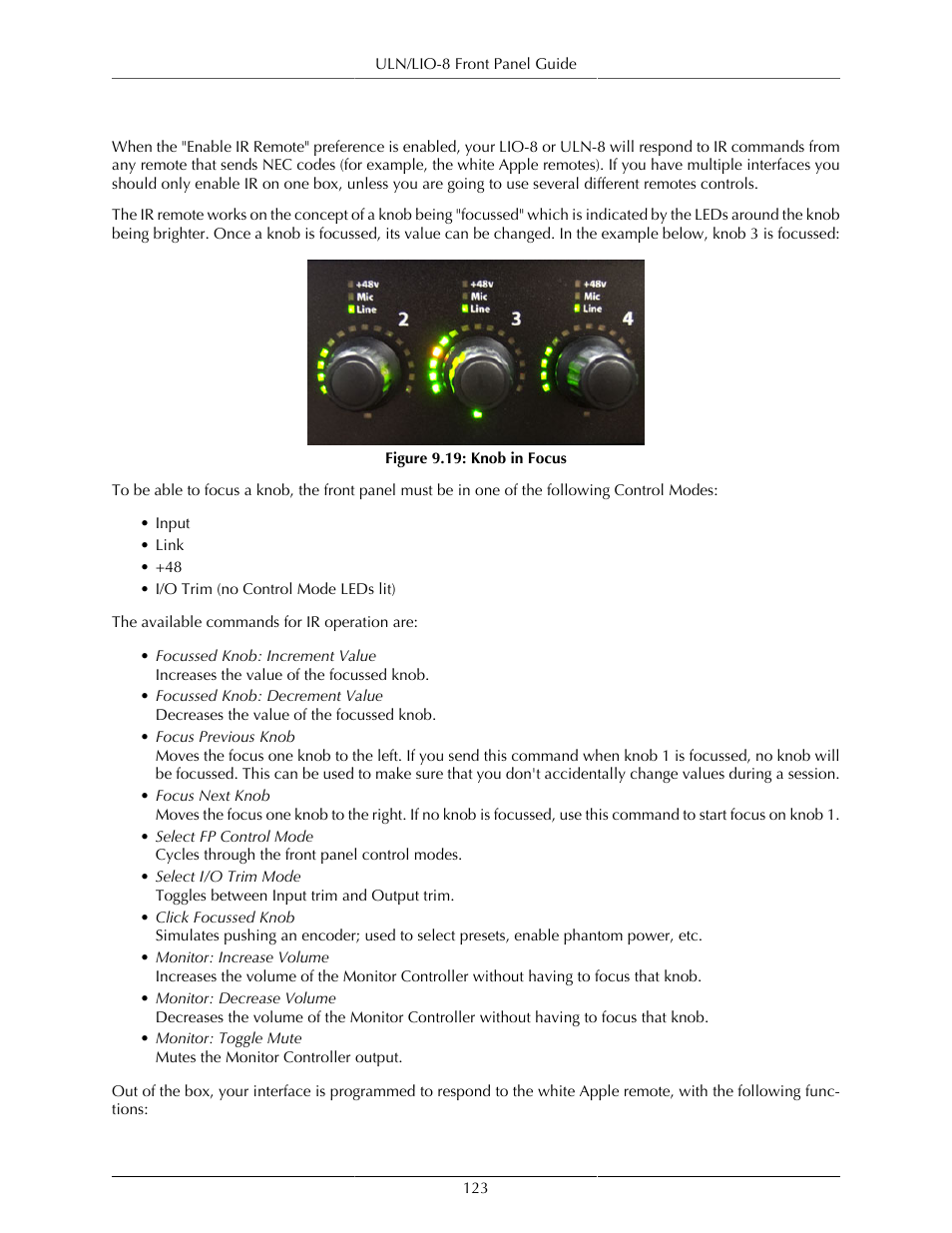 Infrared remote operation, Knob in focus | Metric Halo Mobile I/O User Manual | Page 123 / 371