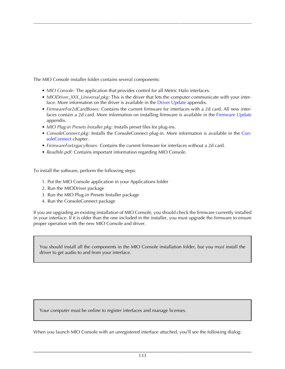 Installation and registration, Installing mio console, Included packages | Installation, Registration & licensing, Registering your interface, 133 installation, Software installation | Metric Halo Mobile I/O User Manual | Page 133 / 371