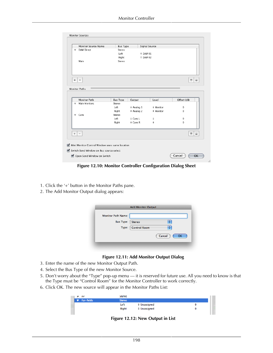 Adding a new monitor output path, Monitor controller configuration dialog sheet, 198 12.11. add monitor output dialog | 198 12.12. new output in list | Metric Halo Mobile I/O User Manual | Page 198 / 371