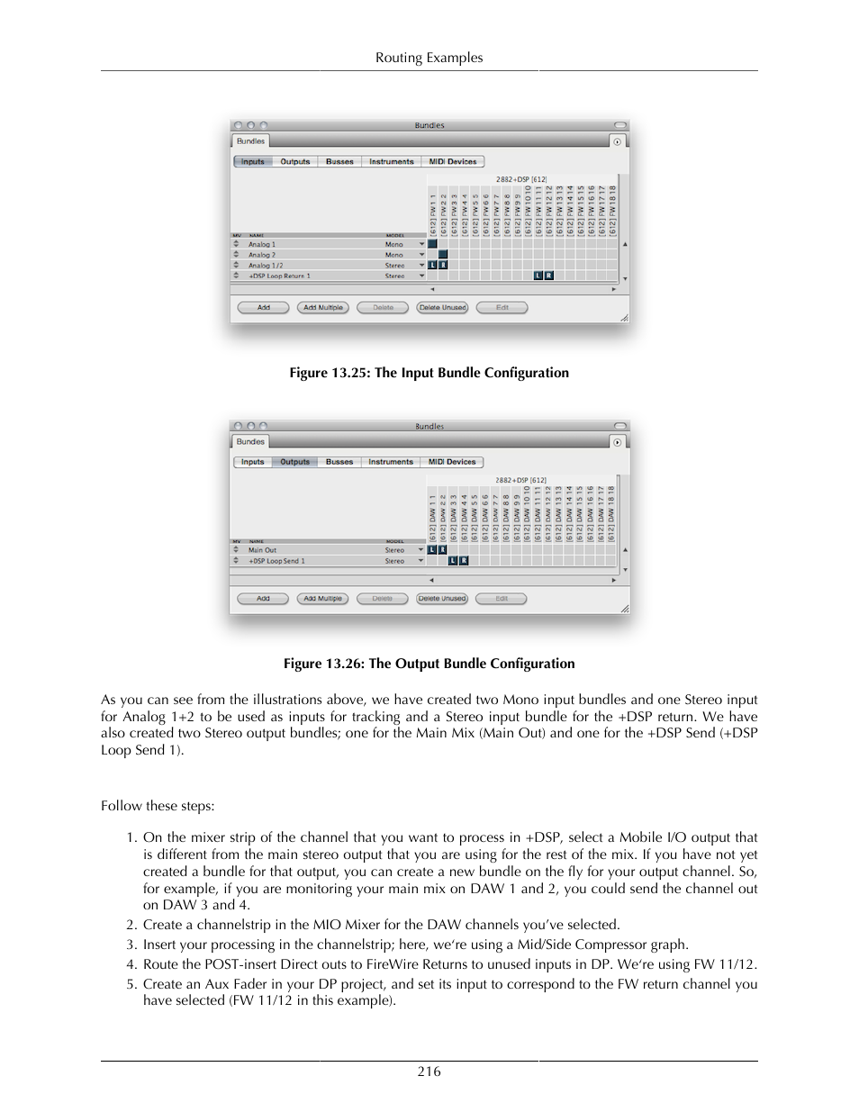 To insert a +dsp process chain on a single channel, The input bundle configuration, 216 13.26. the output bundle configuration | Metric Halo Mobile I/O User Manual | Page 216 / 371