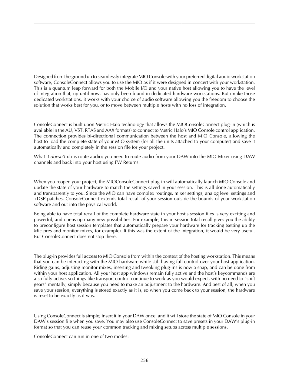 Consoleconnect, Consoleconnect overview, Introduction to consoleconnect | How it works, Total recall, Universal access, Using consoleconnect, 256 how it works, 256 total recall, 256 universal access | Metric Halo Mobile I/O User Manual | Page 256 / 371