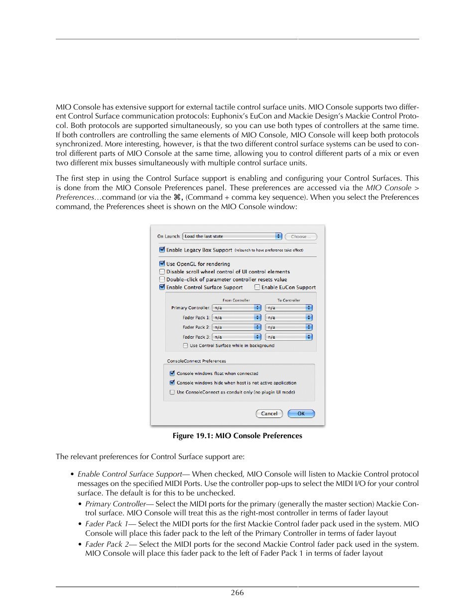 Control surface support, Control surface preferences, Mio console preferences | Control surface support chapter | Metric Halo Mobile I/O User Manual | Page 266 / 371