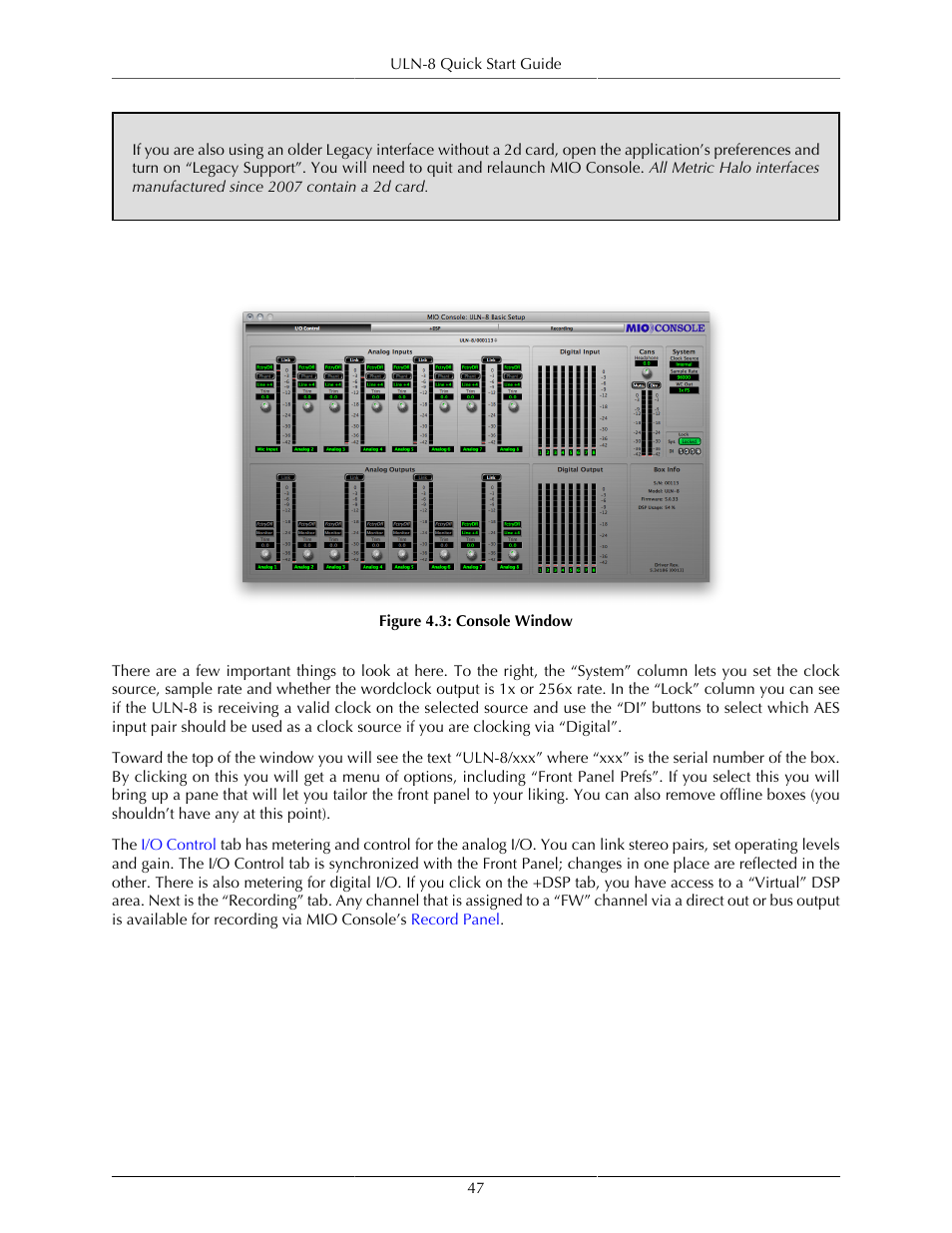 The console window, Console window | Metric Halo Mobile I/O User Manual | Page 47 / 371