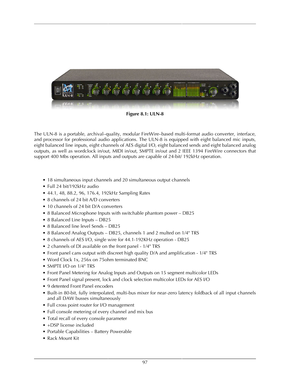 Uln-8 users guide, Uln-8 overview, What it is | What it has, 97 what it has, Uln-8 | Metric Halo Mobile I/O User Manual | Page 97 / 371