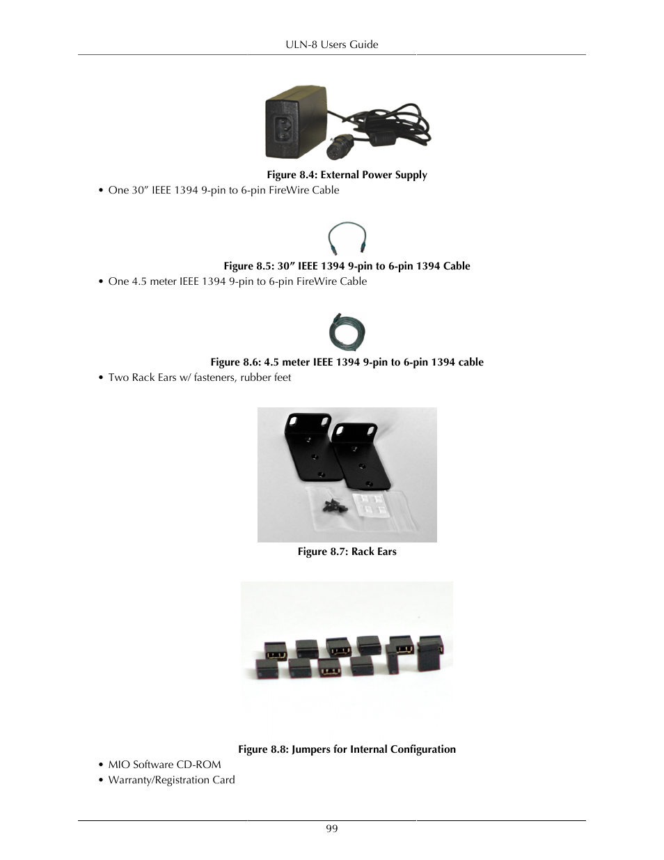 External power supply, 99 8.5. 30” ieee 1394 9-pin to 6-pin 1394 cable, 99 8.7. rack ears | 99 8.8. jumpers for internal configuration | Metric Halo Mobile I/O User Manual | Page 99 / 371