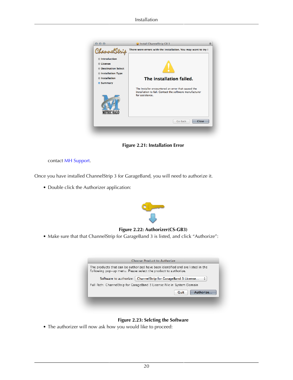 Installation error, 20 2.22. authorizer(cs-gb3), 20 2.23. selcting the software | Metric Halo ChannelStrip 3 User Manual | Page 20 / 61