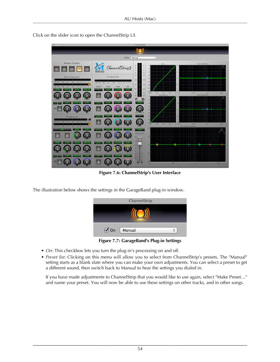 Plug-in window, Channelstrip's user interface, 54 7.7. garageband's plug-in settings | Metric Halo ChannelStrip 3 User Manual | Page 54 / 61