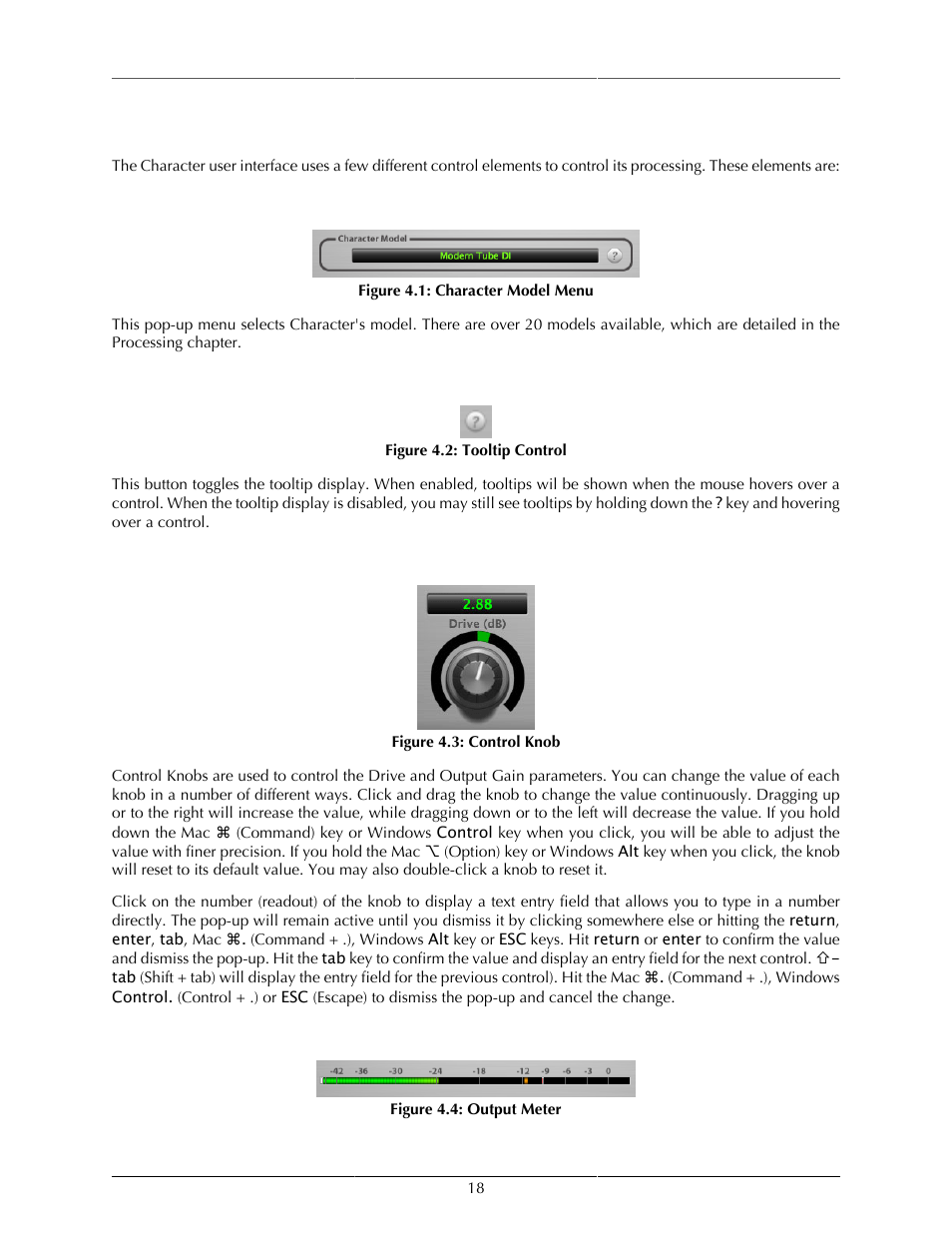 Operation, Character model menu, Tooltip control | Control knob, Output meter, 18 tooltip control, 18 control knob, 18 output meter, 18 4.2. tooltip control, 18 4.3. control knob | Metric Halo Character User Manual | Page 18 / 33