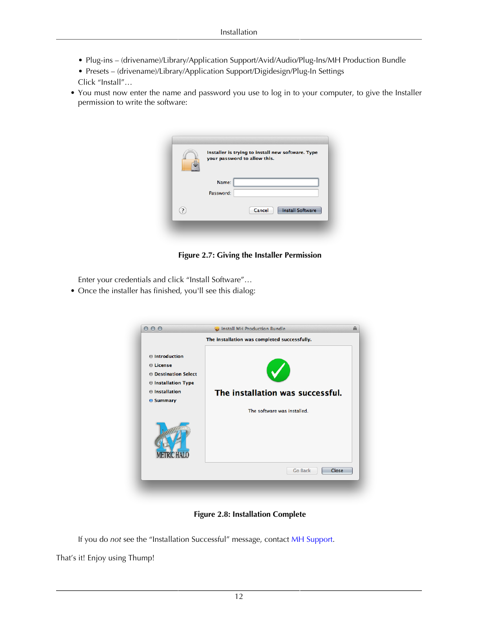 Giving the installer permission, 12 2.8. installation complete | Metric Halo Thump User Manual | Page 12 / 33