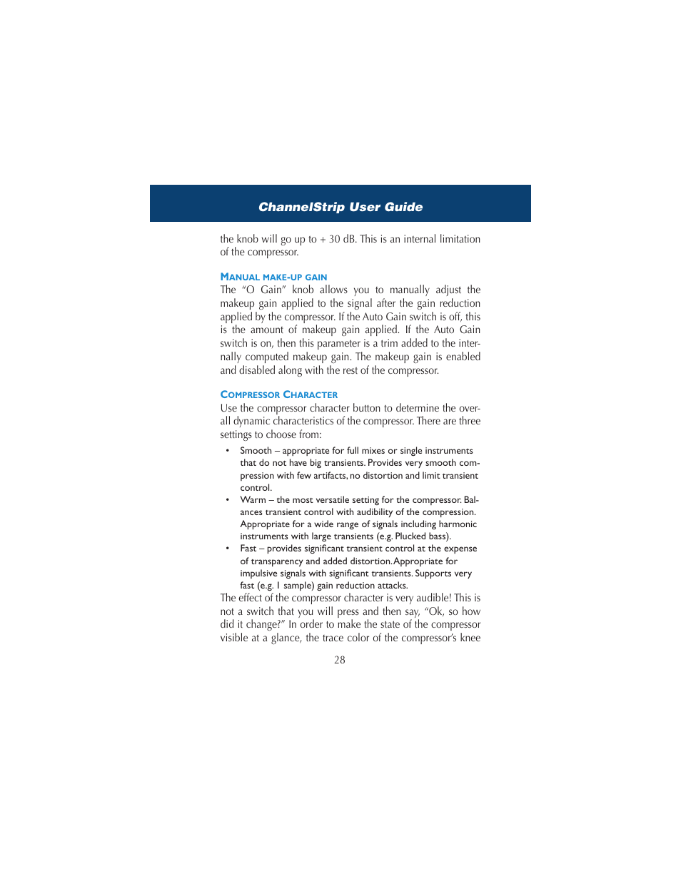 Manual make-up gain, Compressor character, Manual make-up gain compressor character | Metric Halo ChannelStrip 2 User Manual | Page 32 / 43