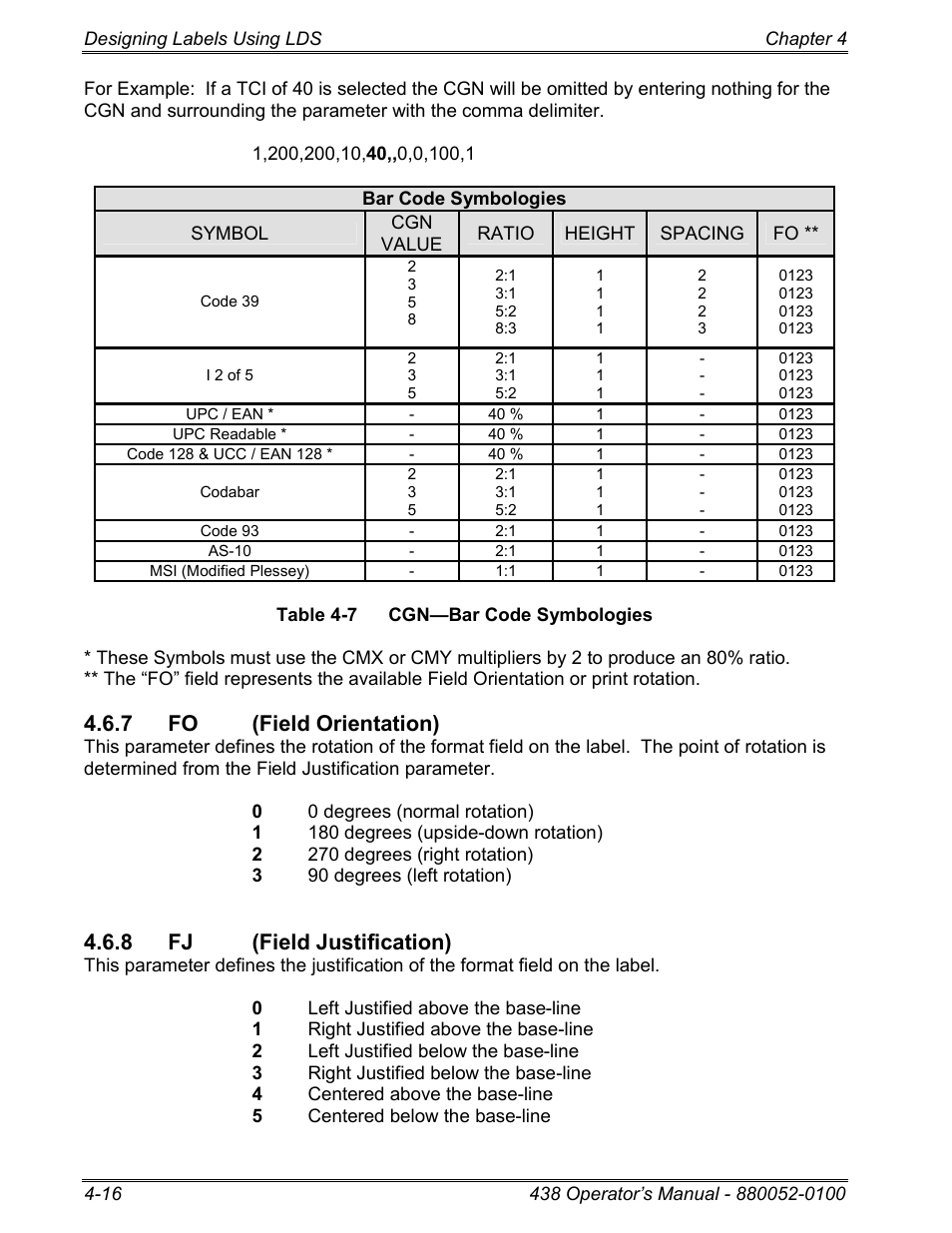 7 fo (field orientation), 8 fj (field justification) | Microcom 438 User Manual | Page 41 / 214