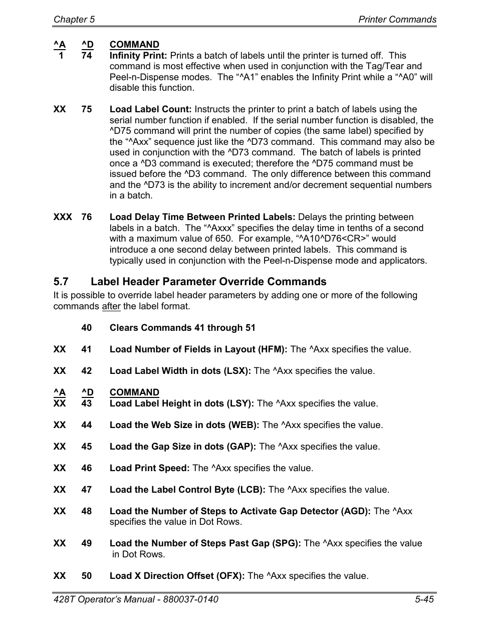 7 label header parameter override commands | Microcom 428T User Manual | Page 119 / 249