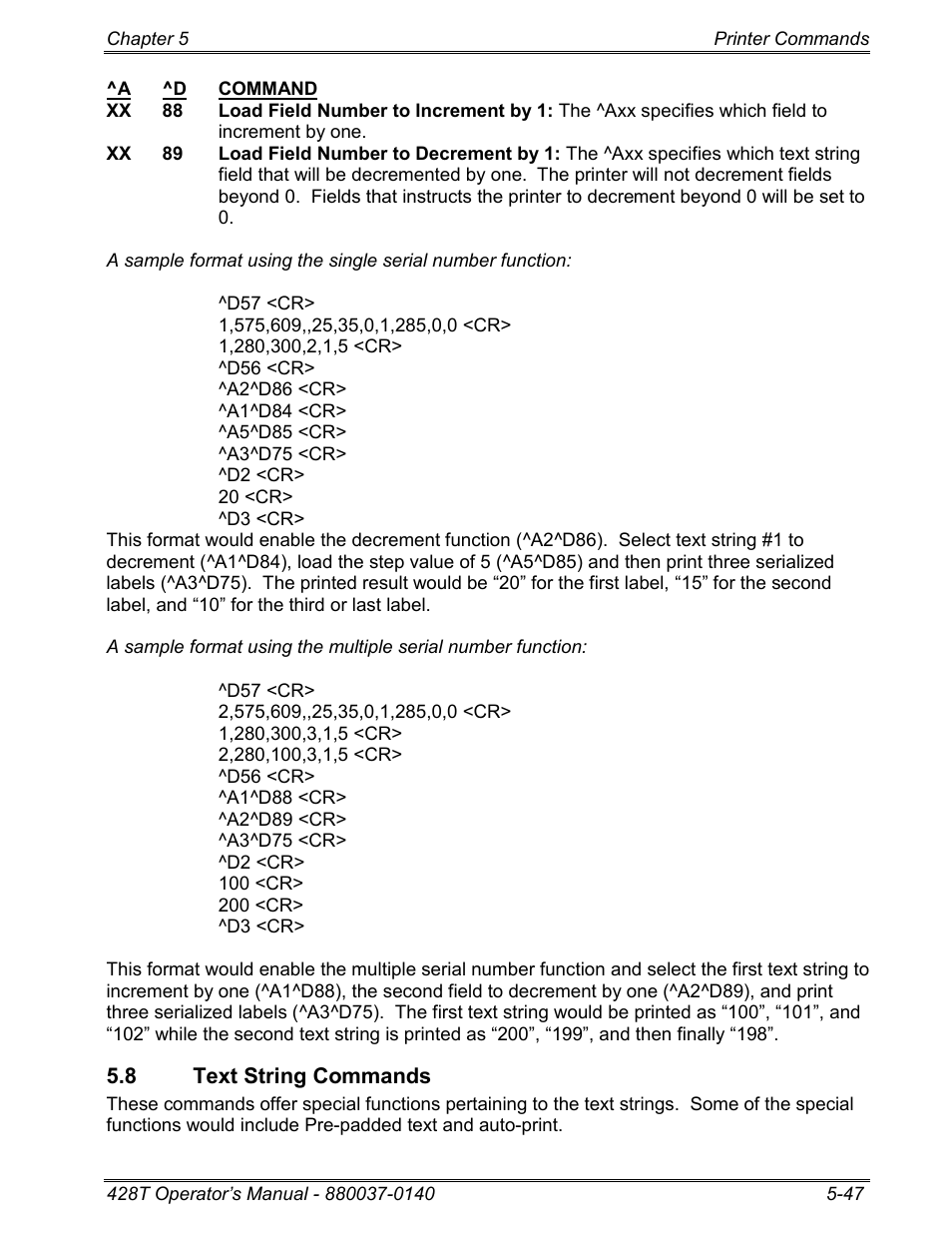8 text string commands | Microcom 428T User Manual | Page 121 / 249