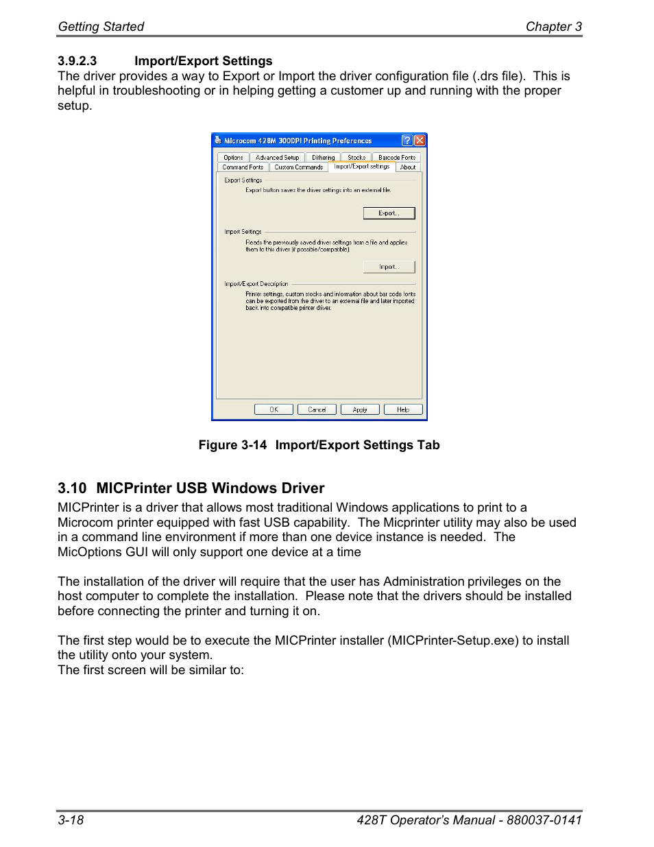 3 import/export settings, 10 micprinter usb windows driver | Microcom 428T User Manual | Page 34 / 249