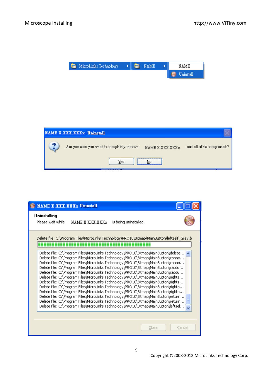 Uninstall microscope ap, Choose microscope ap uninstall see [fig. 2-8, Confirm to uninstall microscope ap | Uninstalling microscope ap, 2 uninstall microscope ap | MicroLinks VT300 - install manual User Manual | Page 9 / 16