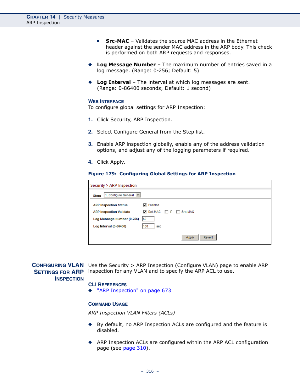 Configuring vlan settings for arp inspection | Microsens MS453490M Management Guide User Manual | Page 316 / 984